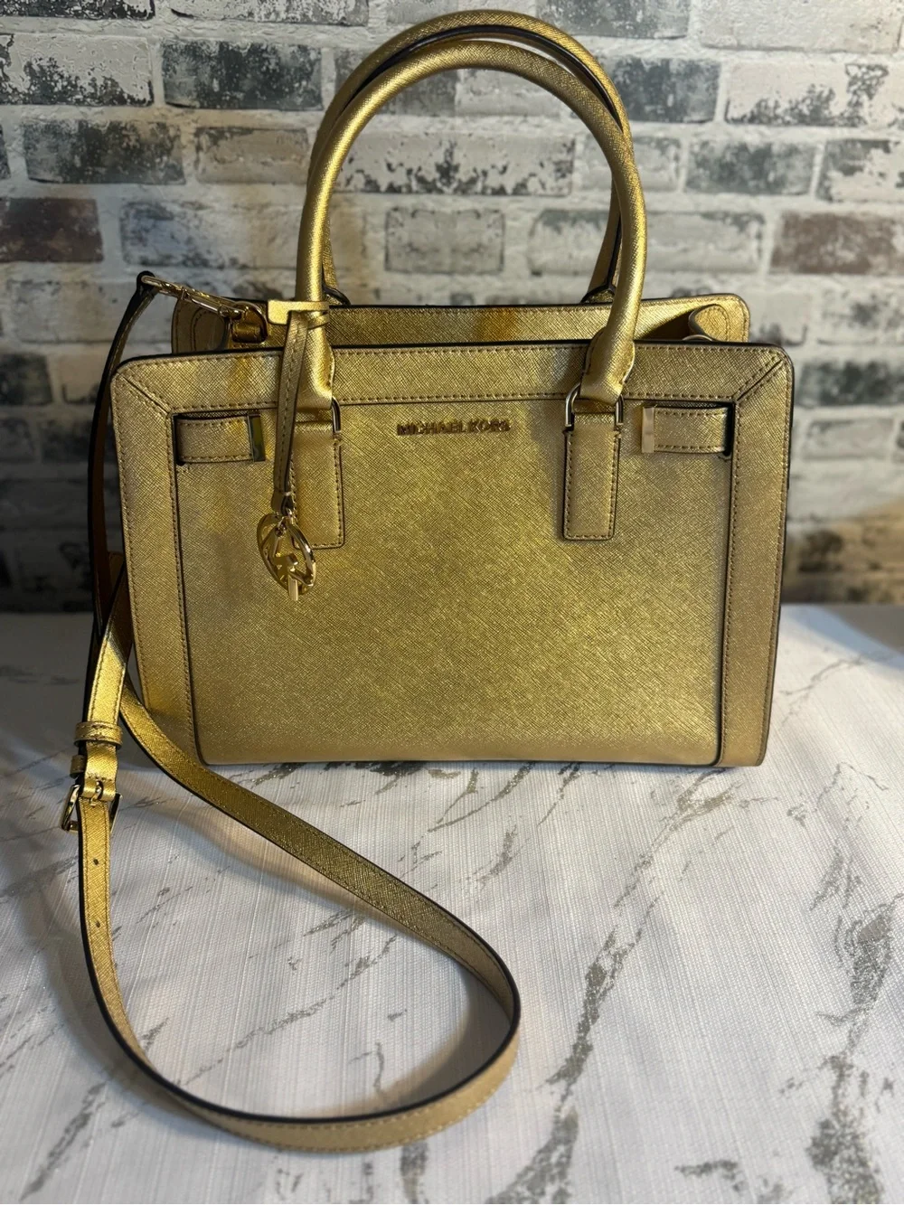 Michael Kors Metallic Gold Saffiano Satchel with Detachable Strap